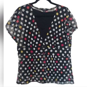Alfani Blouse Sz XL Black Colorful Polka Dot Sheer Mesh Dark Empire Waist